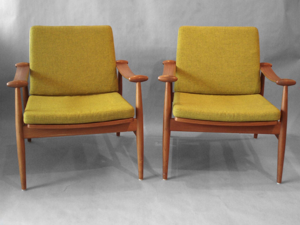 Danish Pair of Teak Frame Lounge Chairs by Finn Juhl