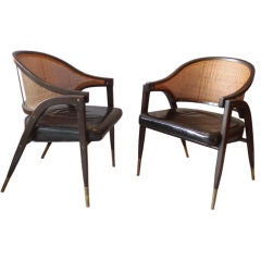 Cane Back Leather Seat Lounge Chairs by Edward Wormley