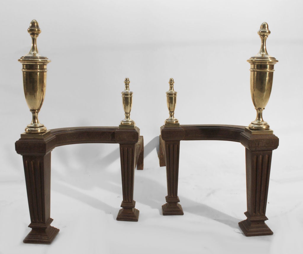 Great Pair Classical  Chenets Andirons - Brass Urn form finials