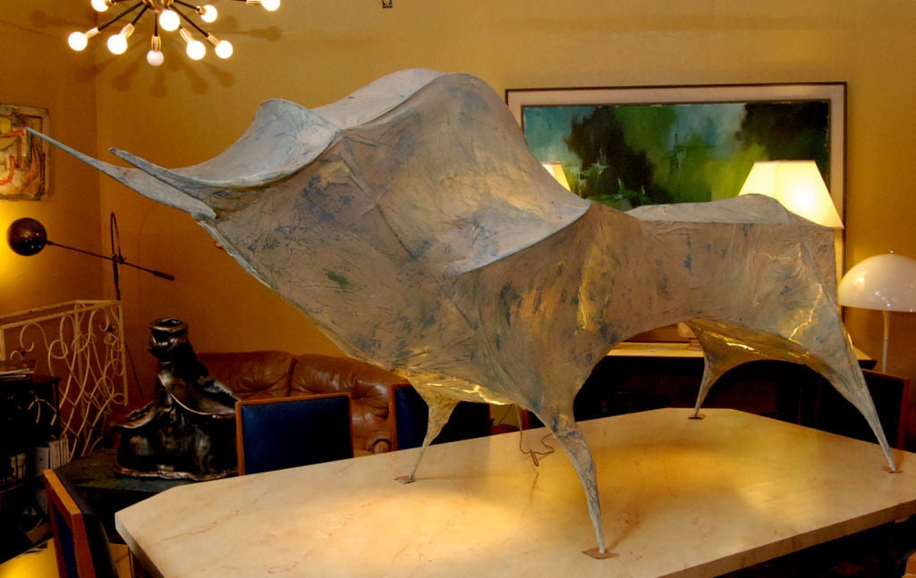 English Life Size Paper Mache Bull Sculpture by: Tom Dixon For Sale