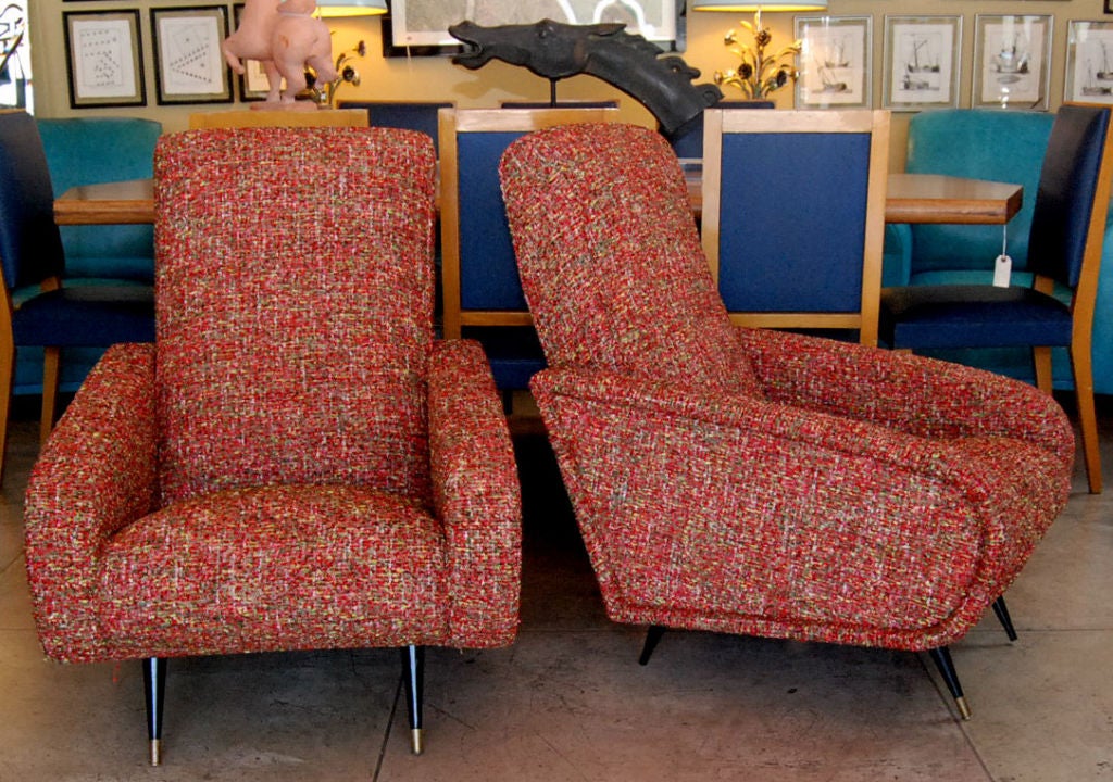 GREAT PAIR OF ITALIAN 1950'S NEWLY UPHOLSTER ARMCHAIRS WITH BLACK LACQUER LEGS AND BRASS CASTERS IN THE STYLE OF GIO PONTI AND MARCO ZANUSO. NEWLY RESTORED.
