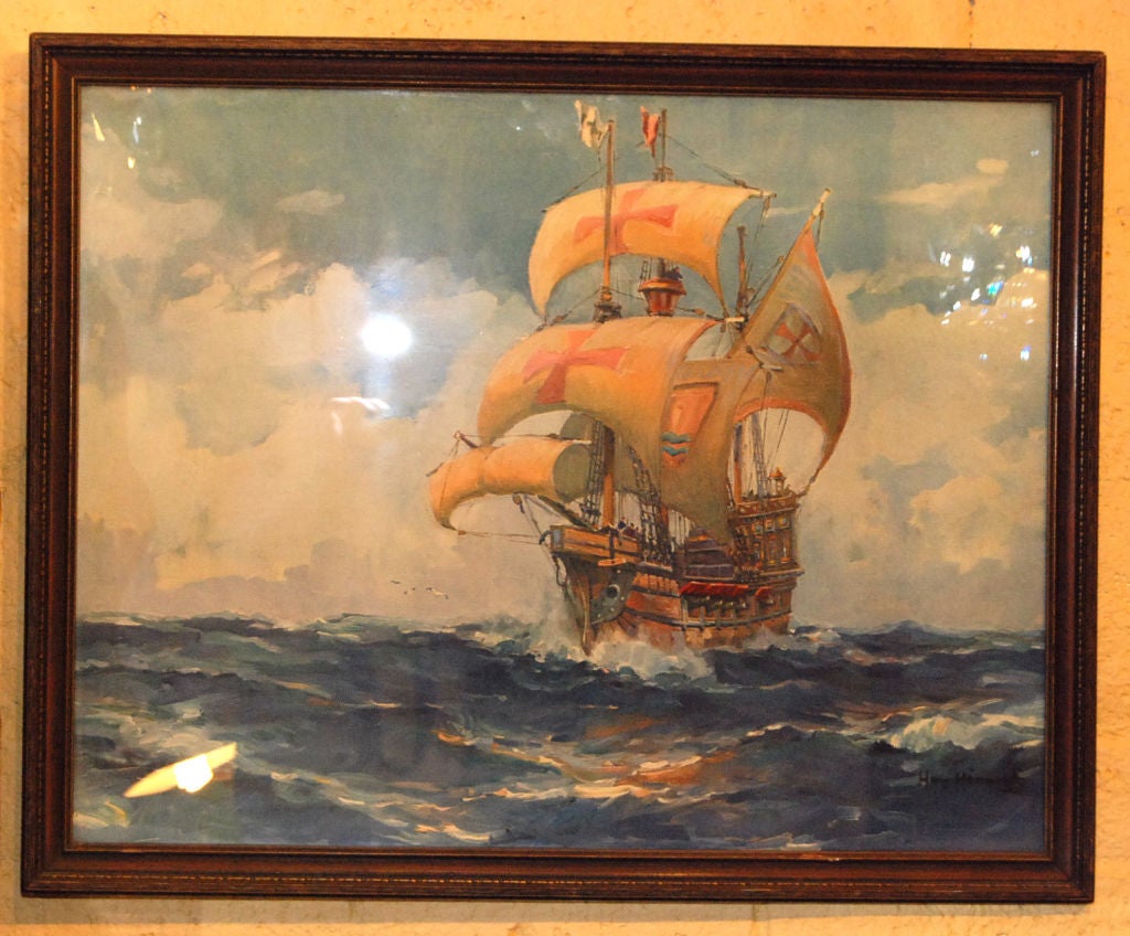 German watercolor ship frame and signed Heins Hornick.