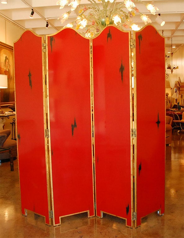 French red and black lacquered four panel screen with gold trim finish.