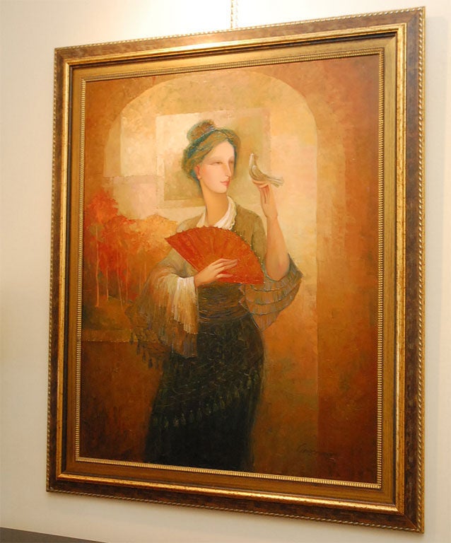 Large oil on canvas painting of lady holding a colomb signed Marina Grigoryan
Marina Grigoryan born 1963 in Dushanbe, USSR.
Marina Grigoryan attended art school from 1974 to 1978 before enrolling at the Art Academy in 1978 to study easel painting