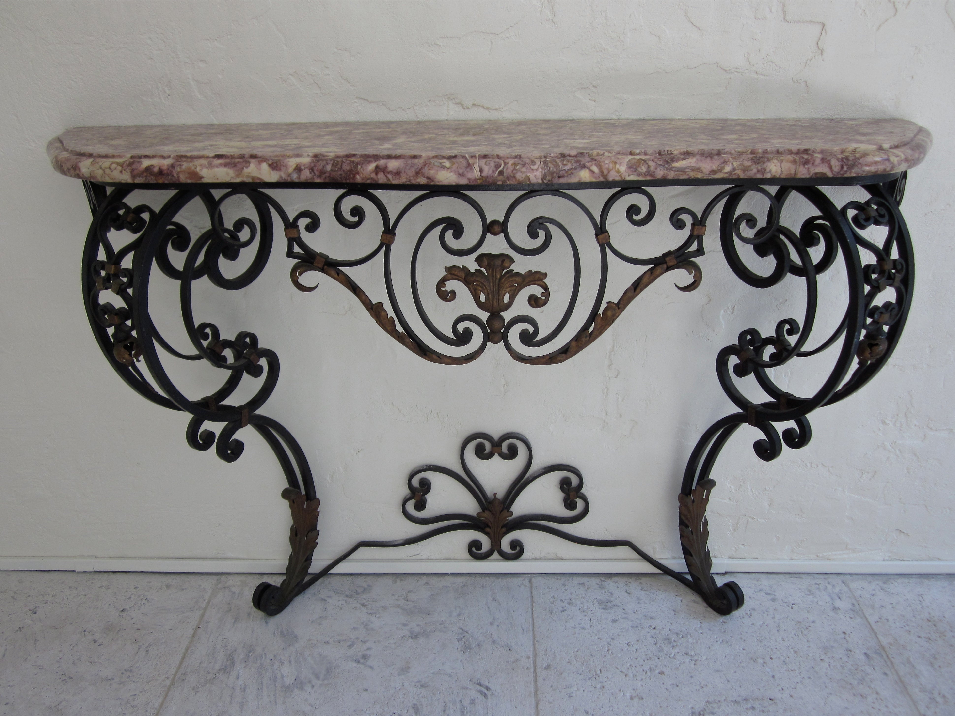 French Wrought Iron Console with Marble Top