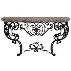 Console en fer forgé français avec plateau en marbre