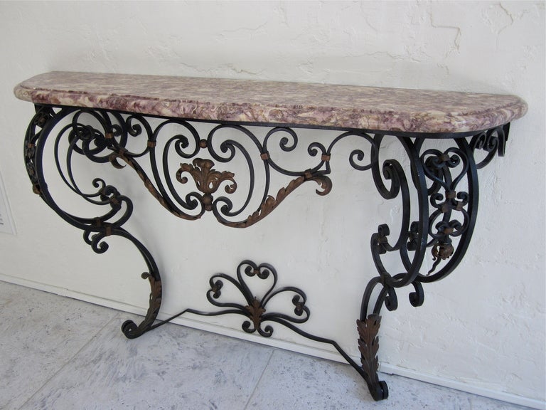 French Wrought Iron Console with Marble Top In Excellent Condition In Winter Park, FL