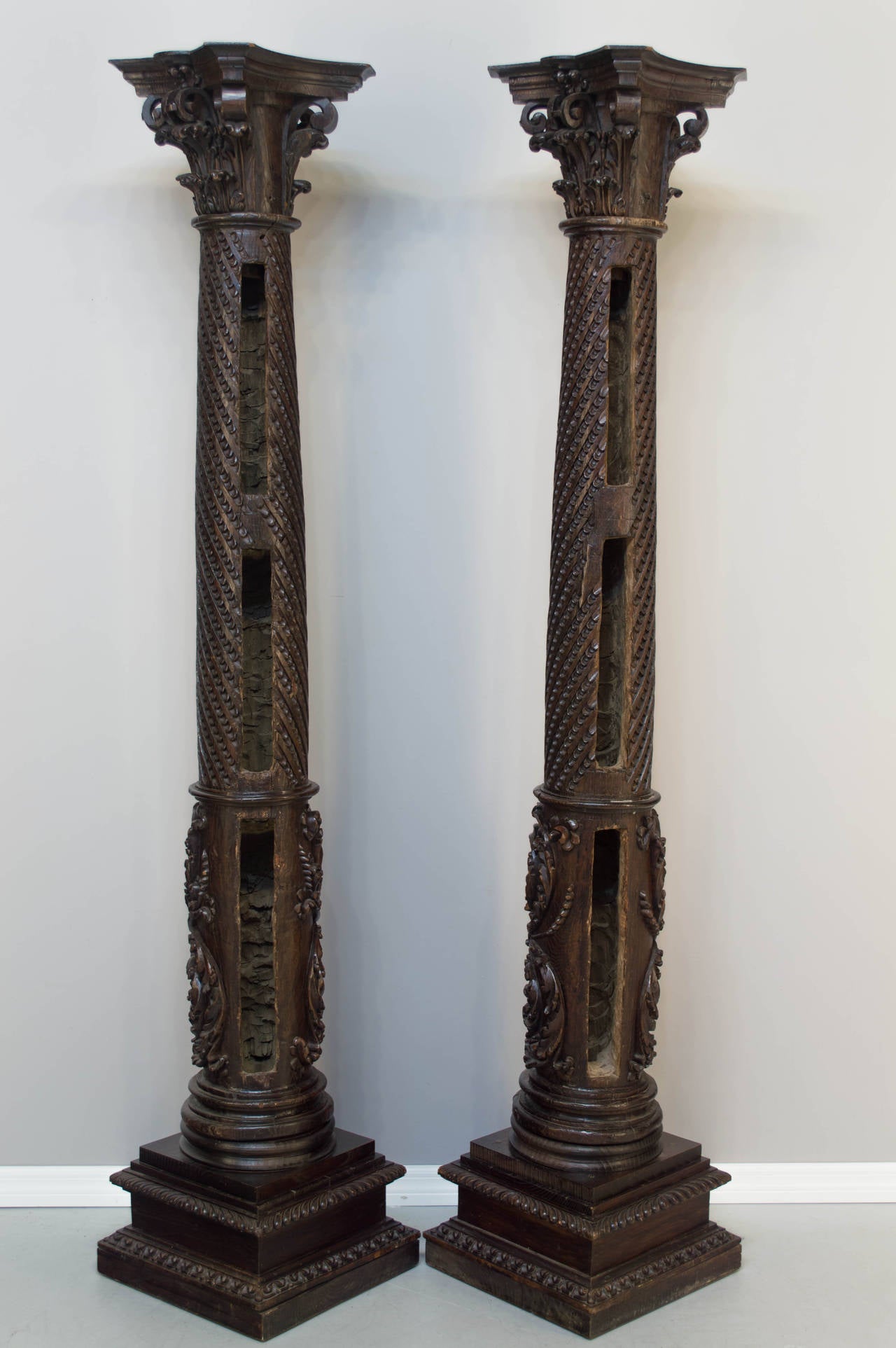 A rare pair of early 18th Century French neoclassical columns, made of chestnut and intricately carved by hand with elaborate detail.
More photos available upon request. We have a large selection of French antiques. Please visit our showroom in