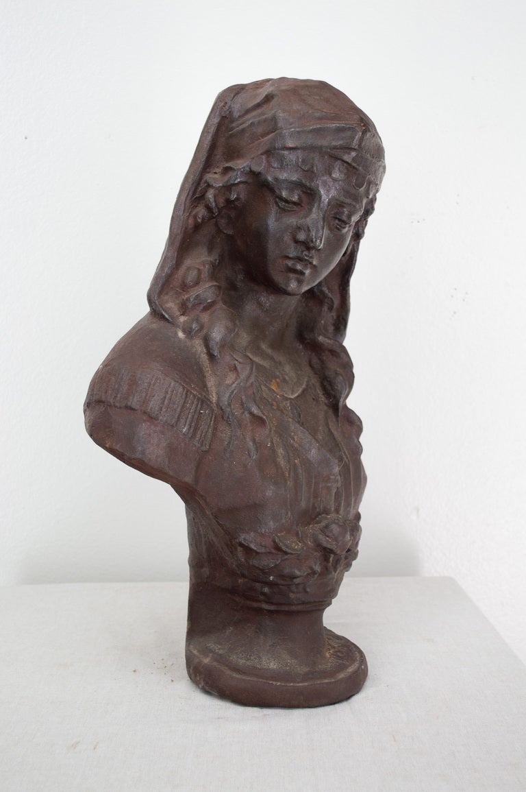 19th c. French Cast Iron Sculpture of a Head of Woman In Excellent Condition In Winter Park, FL