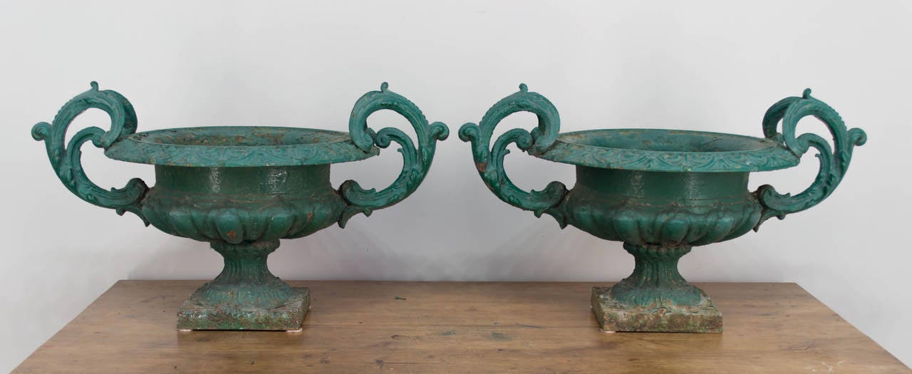 Pair of 19th century French cast iron urn planters, with original weathered green paint. Large in scale with nice casting detail on the double handles. Base: 7.75