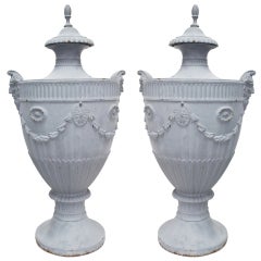 Pair of Neo Classical Cast Iron Covered Urns