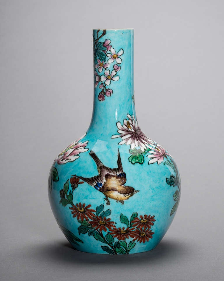 Stunning colors for this vase attributed to Theodore Deck, famous French ceramist in the late 19th century.
The neck is 2.25