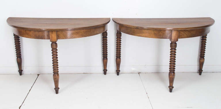 Pair of 19th c. Italian Walnut Demi-Lune Console Tables In Excellent Condition In Winter Park, FL