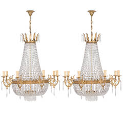 Pair of French Empire Style Crystal Chandeliers