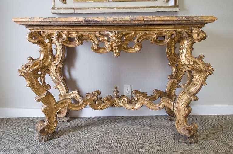 18th c. Italian Rococo Gilt Wood Marble Top Console,