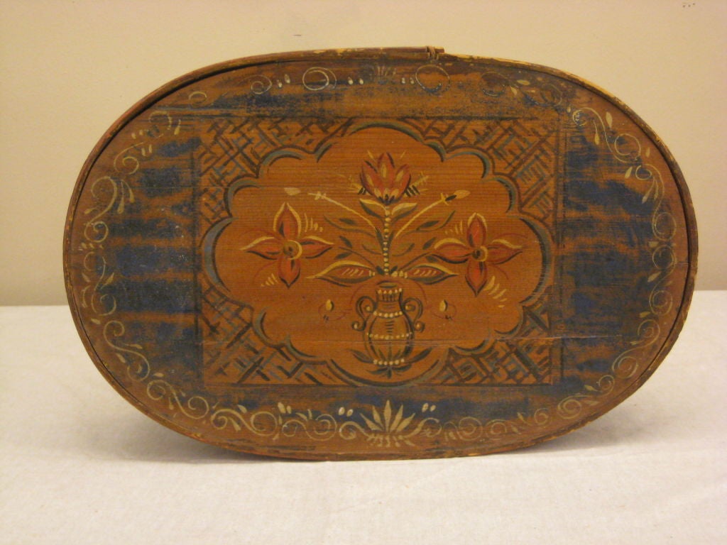 Wonderful color on this bentwood construction Bridal Box with laced seams, original paint with floral decorations on sides.