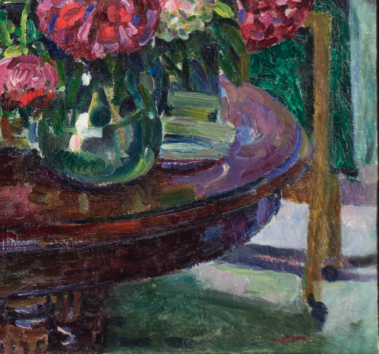 A colorful, Impressionist style floral still life from the South of France. Bright pink peonies in a glass bowl with another taller vase on a round wood table. Paint applied in a heavy impasto. Illegible signature, lower right.
Canvas size: 39.5