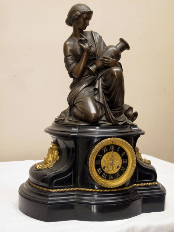 French Bronze and Marble Mantle Clock signed Gauthier