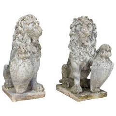 Antique Pair of Belgium 19th c. Cast Stone Lions Statues