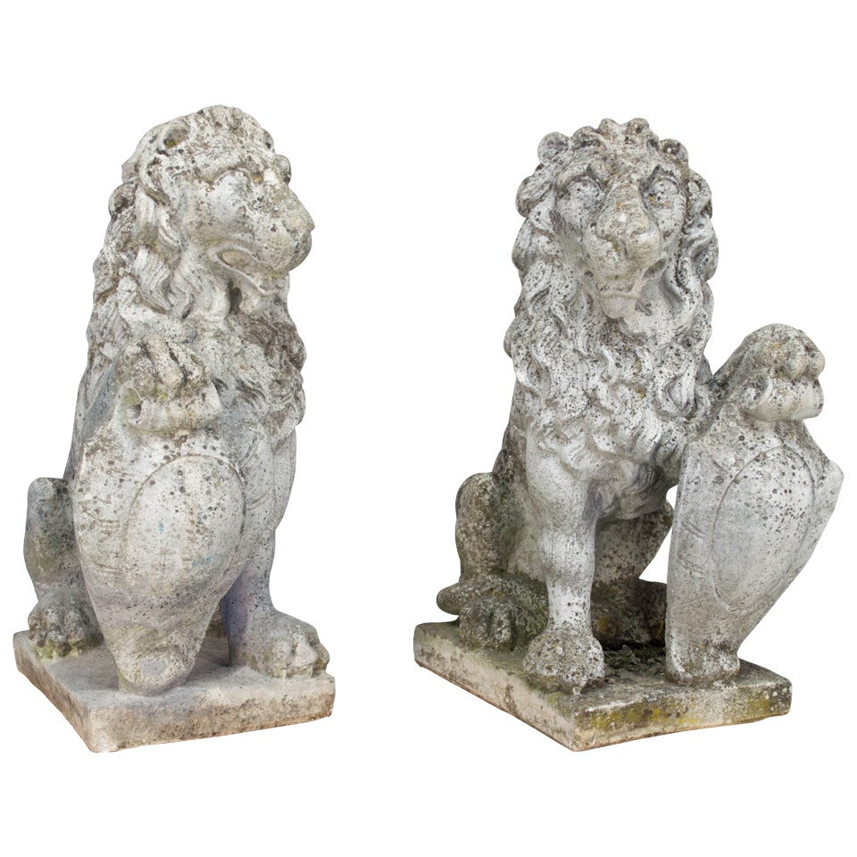 Pair of Belgium 19th c. Cast Stone Lions Statues