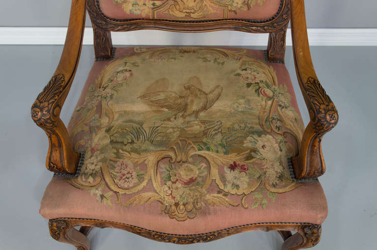 Tapestry Pair of 19th c. French Louis XV Style Fauteuils Armchairs