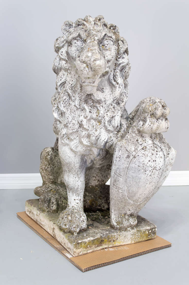 19th Century Pair of Belgium 19th c. Cast Stone Lions Statues