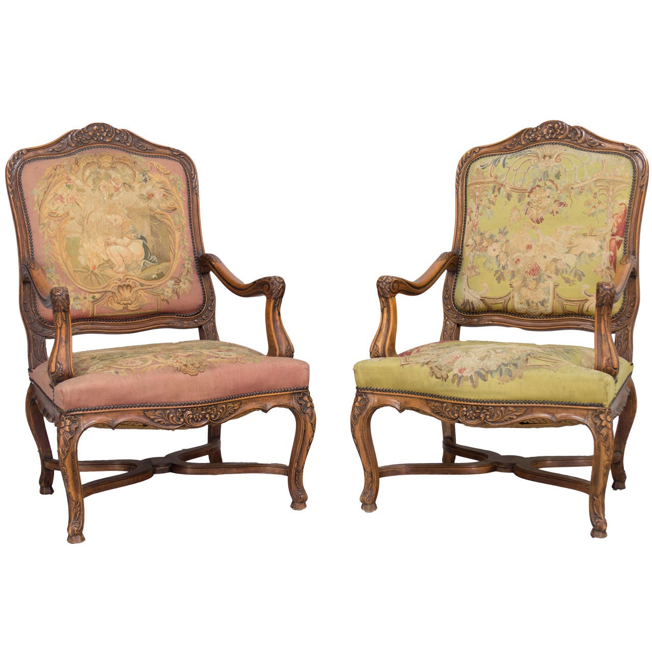 Pair of 19th c. French Louis XV Style Fauteuils Armchairs