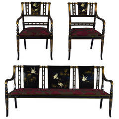 Set of Lacquered Sofa and Pair of Armchairs in a Japanese Style