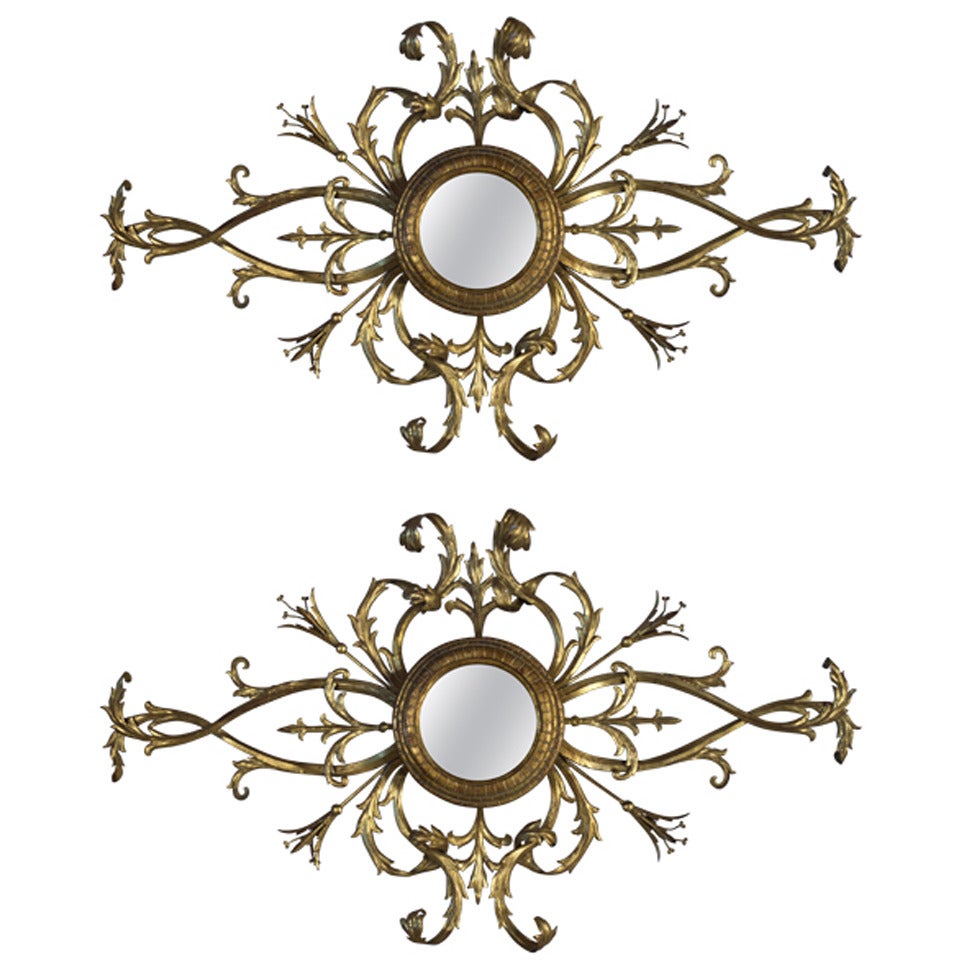 Pair of Italian Tole Gilded Sconces with Center Mirror