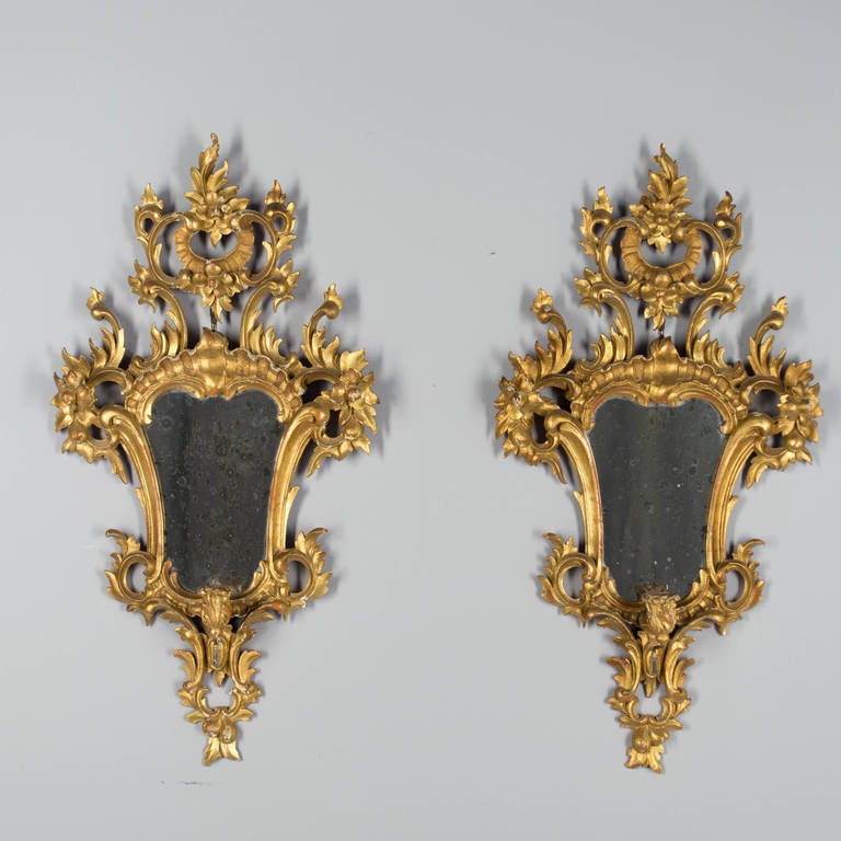 20th Century Pair of Italian Rococo Style Mirrors with Candleholders