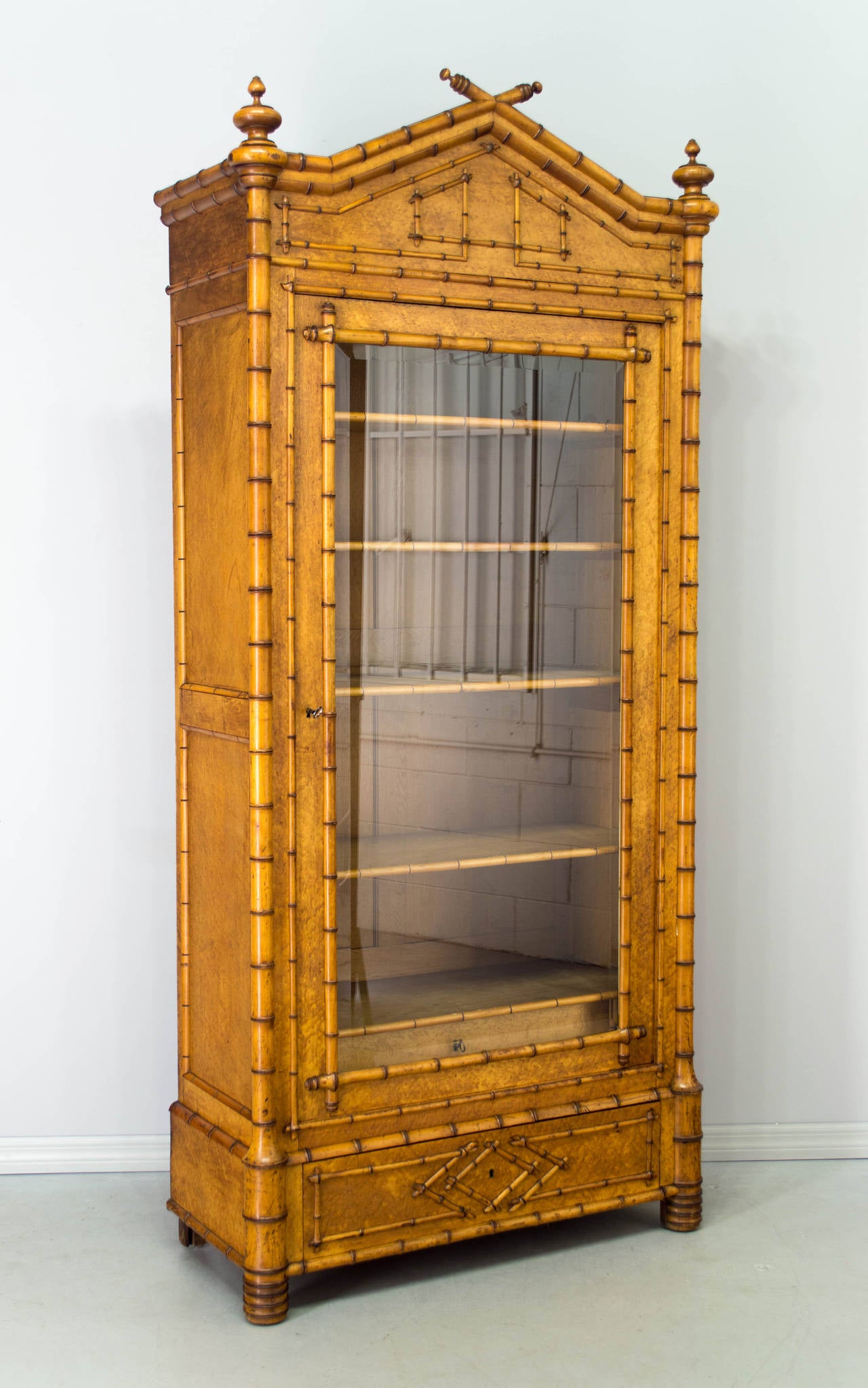 19th c. French faux bamboo armoire, bird's eye maple veneer on oak with cherry 