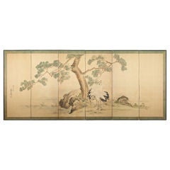 A Japanese Six Panel Hand Painted Screen