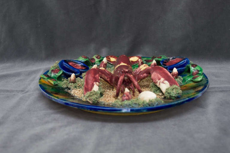 19th c.  English Majolica Palissy Style Lobster Plate, signed MINTON In Excellent Condition In Winter Park, FL