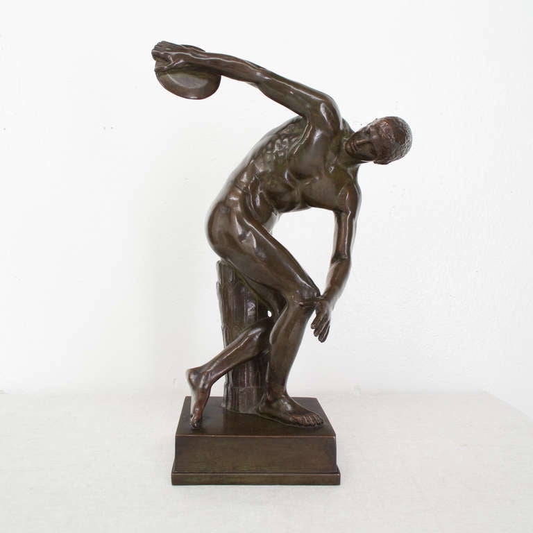 19th century French bronze of a Discus Thrower after 5th century B.C. Greek sculpture by Myron. Beautiful brown bronze patina. Base: 5.5