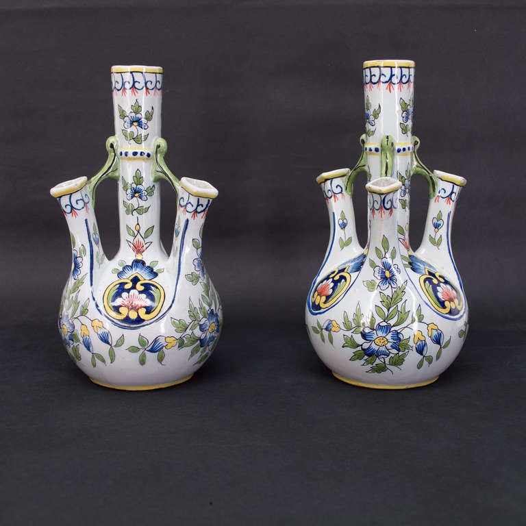 Pair of 19th Century Bouquetieres or Vases from Desvres, Rouen Decor