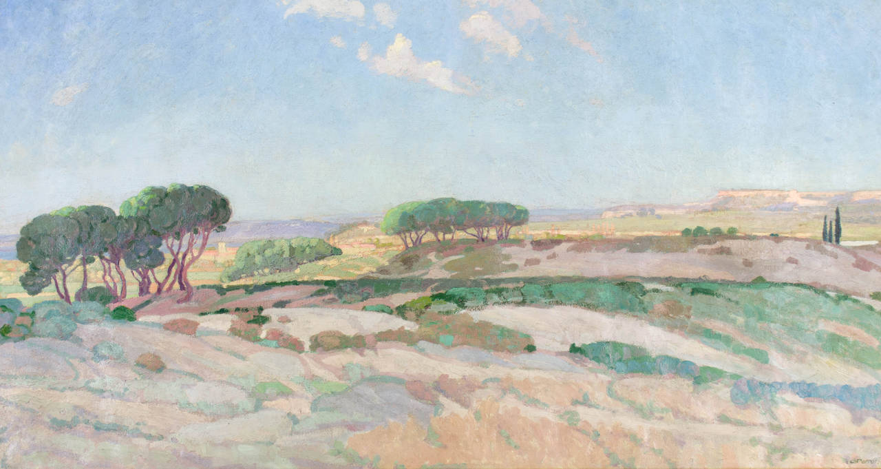 French Impressionist style oil on canvas by Charles Philippe Perrot (1893-1964) depicting a landscape in the South of France in pastel shades of lavender, blue and green. Signed lower right: Ch Perot. Original gilded framed with beautiful floral