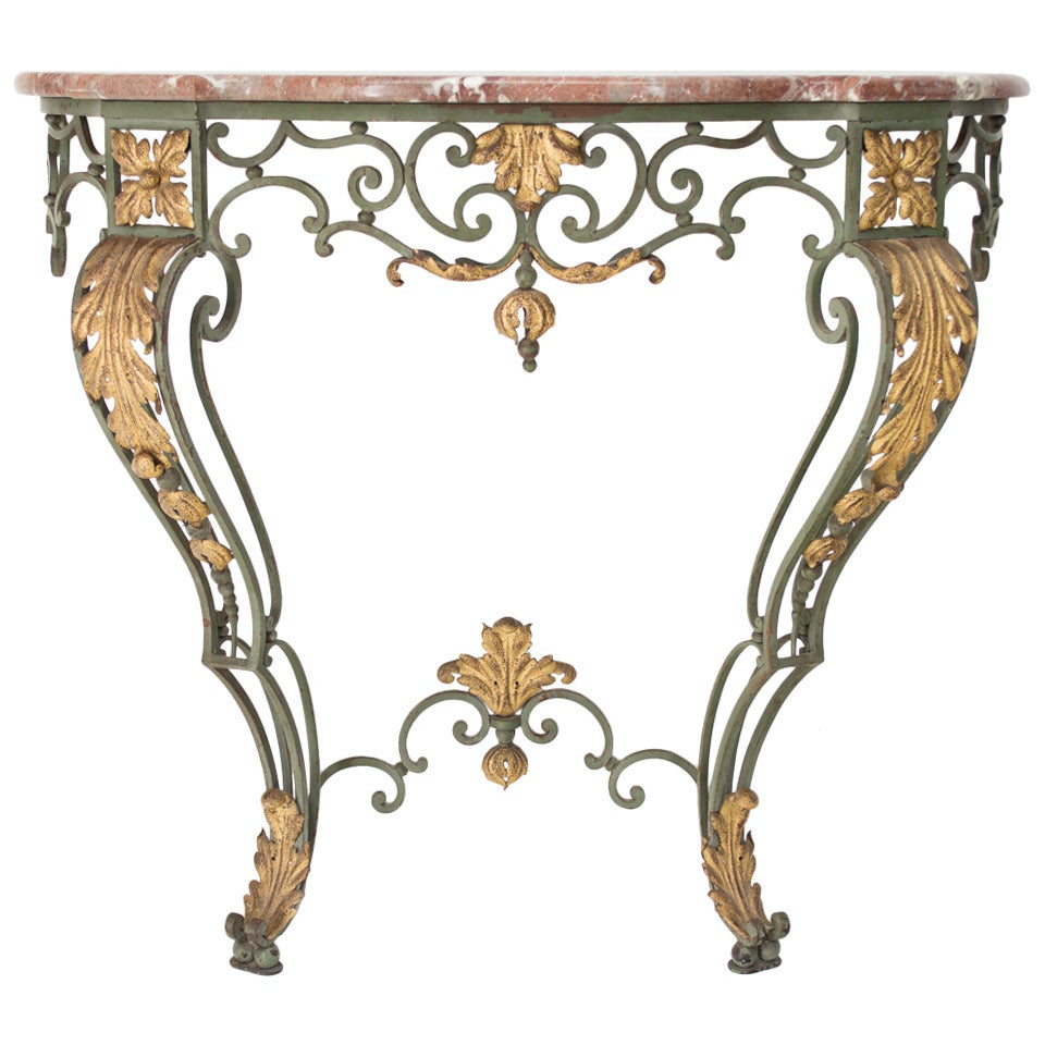 French Wrought Iron Console With Marble Top