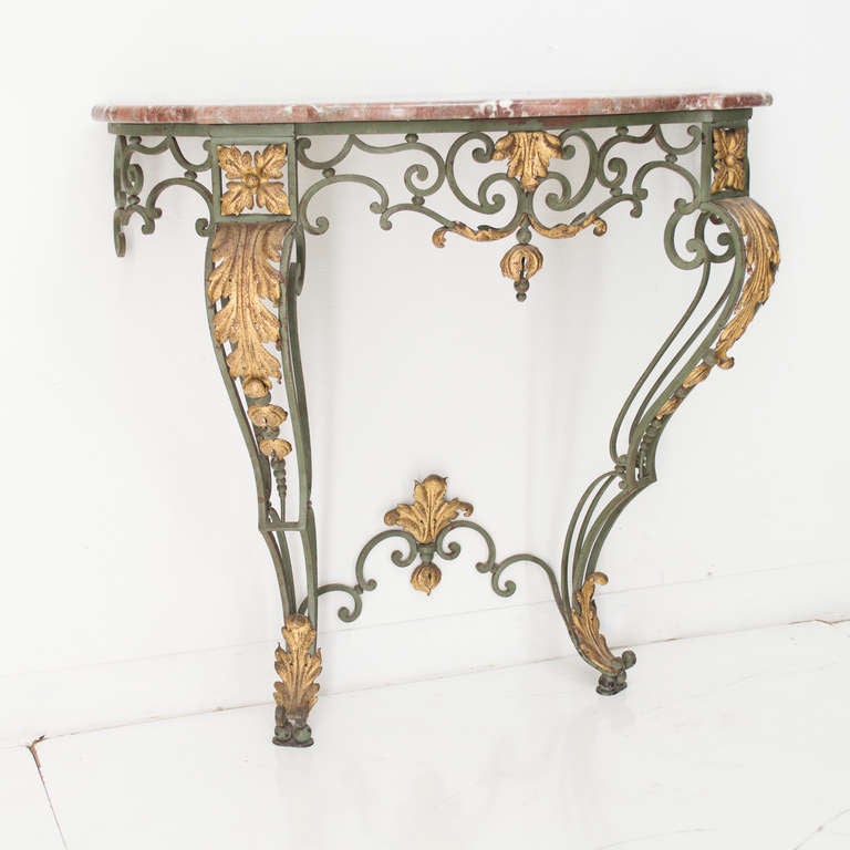 Louis XV French Wrought Iron Console With Marble Top