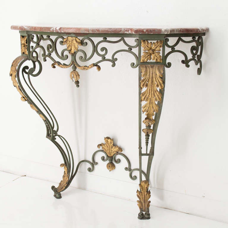 French Wrought Iron Console With Marble Top In Excellent Condition In Winter Park, FL