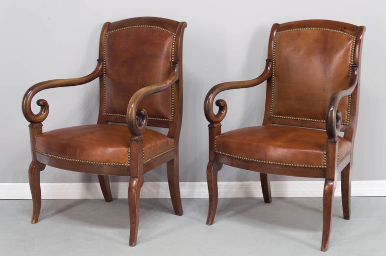 Pair of French Restoration Style Fauteuils or Arm Chairs