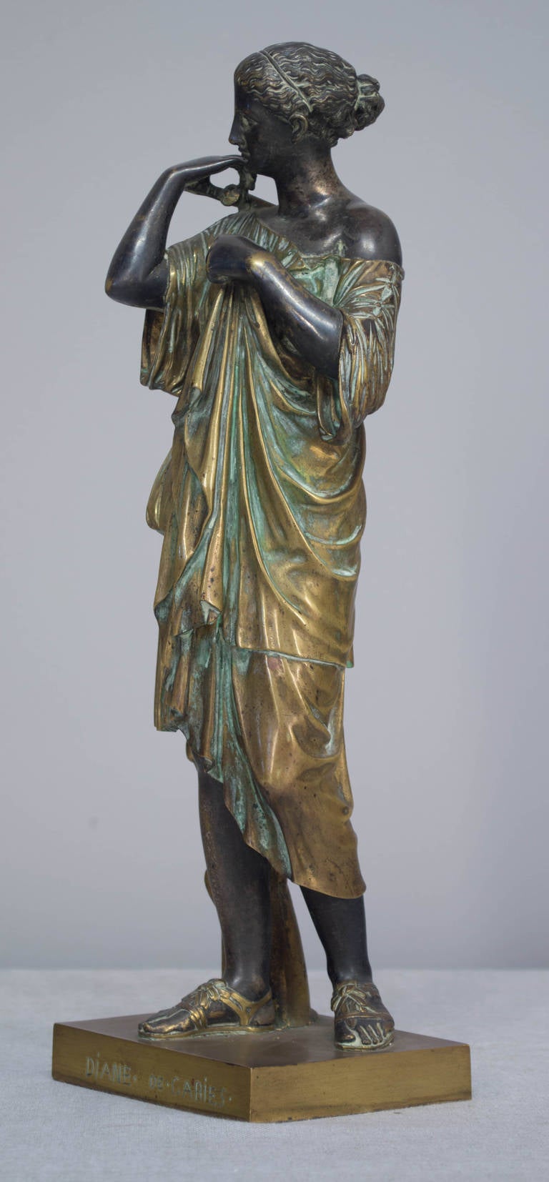 A patinated and gilt bronze of Diane de Gabies, well executed with a wonderful patina. Signed A. Lemaire, bronze sculptor from the mid-19th century who worked in Le Marais, rue Vieille du Temple, Paris, obtained a medal at the Universel Exposition