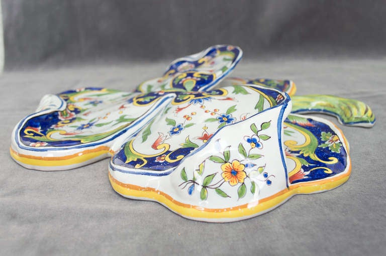 French Faience of Desvres, Large Clover Wall pocket, Signed 6