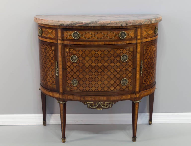 19th c.  Louis XVI Style Marquetry Demilune Commode or Half Moon Chest 1