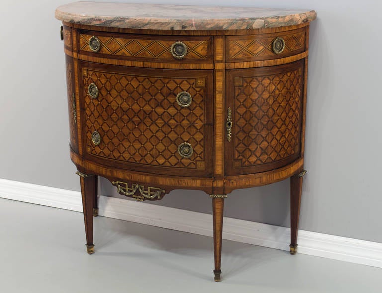 French 19th c.  Louis XVI Style Marquetry Demilune Commode or Half Moon Chest