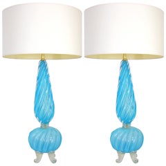 Pair of  Opalescent Blue & Gold Italian Barovier Murano Lamps