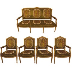 Louis XVI Style Gilded Salon Set with a Sofa and Four Arm Chairs