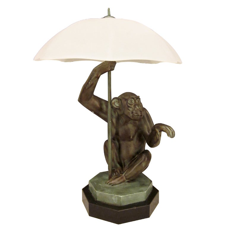 Cast Bronze of Monkey Lamp by Max Le Verrier " La Pluie "