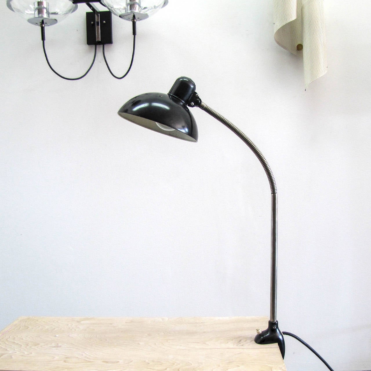 wonderful Kaiser iDell 6740/121 task lamps, gooseneck flexibility, enameled metal, steel, bakelite table clamp, stamped