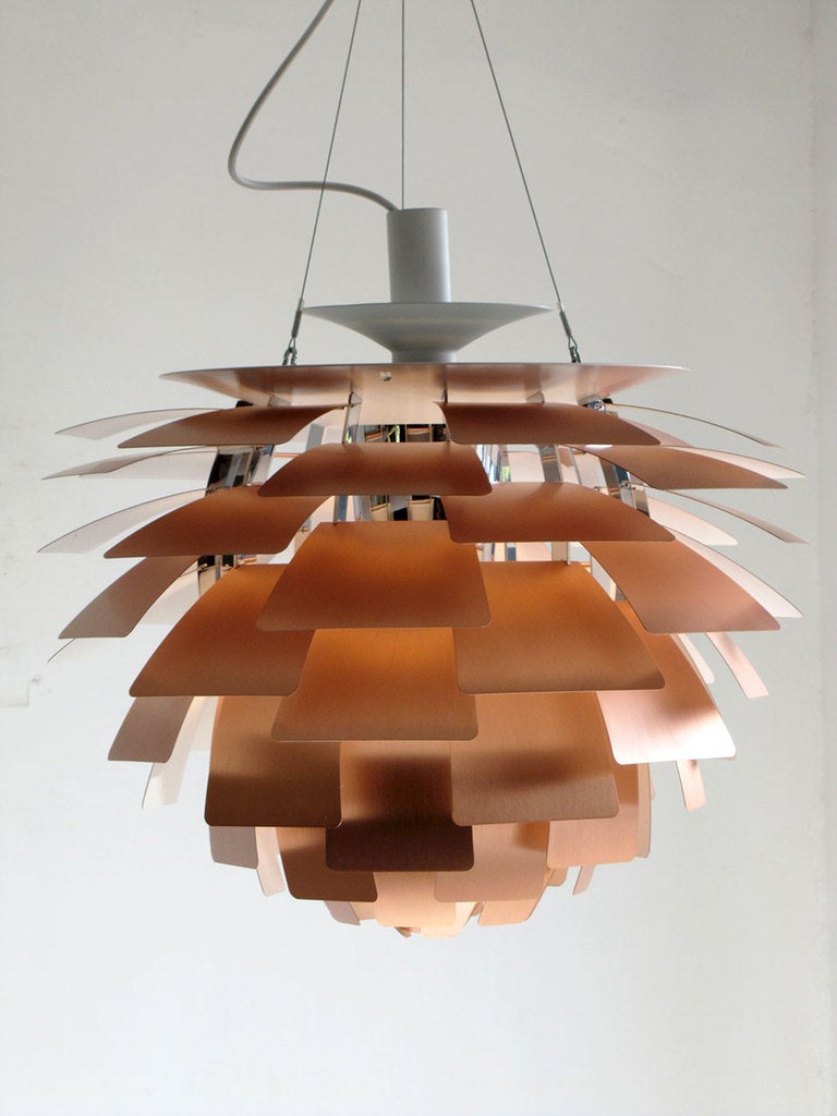 vintage iconic brushed copper hanging pendant lamp by Poul Henningsen, manufactured by Louis Poulsen, Denmark. PH Artichoke (1958) is a 360-degree glare free luminaire created by 72 copper leaves, which shield the light source, redirect and reflect