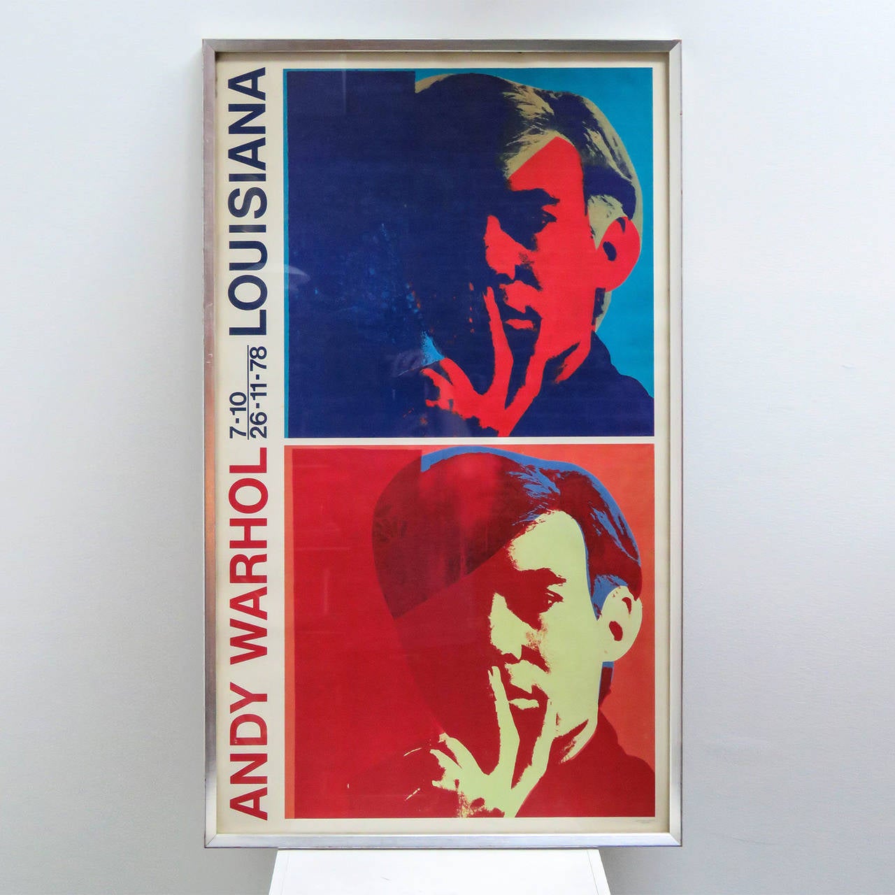 Andy Warhol exhibition poster from Louisiana Museum Denmark in 1978, off-set print by Grafodan Offset Værløse behind glass.  Featuring his iconic Self-Portraits.